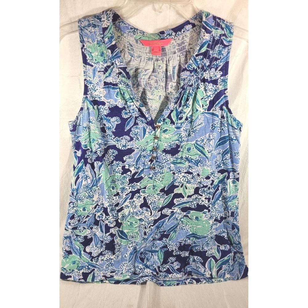 Lilly Pulitzer‎ Women's V-Neck Henley Essie Printed Tank Top - Blue - Small
